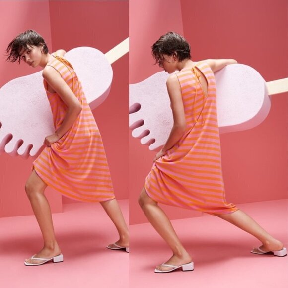 New Zara Striped Terrycloth Sleeveless Pink/Orange Midi Dress/Cover-Up NWT Small - Picture 5 of 13